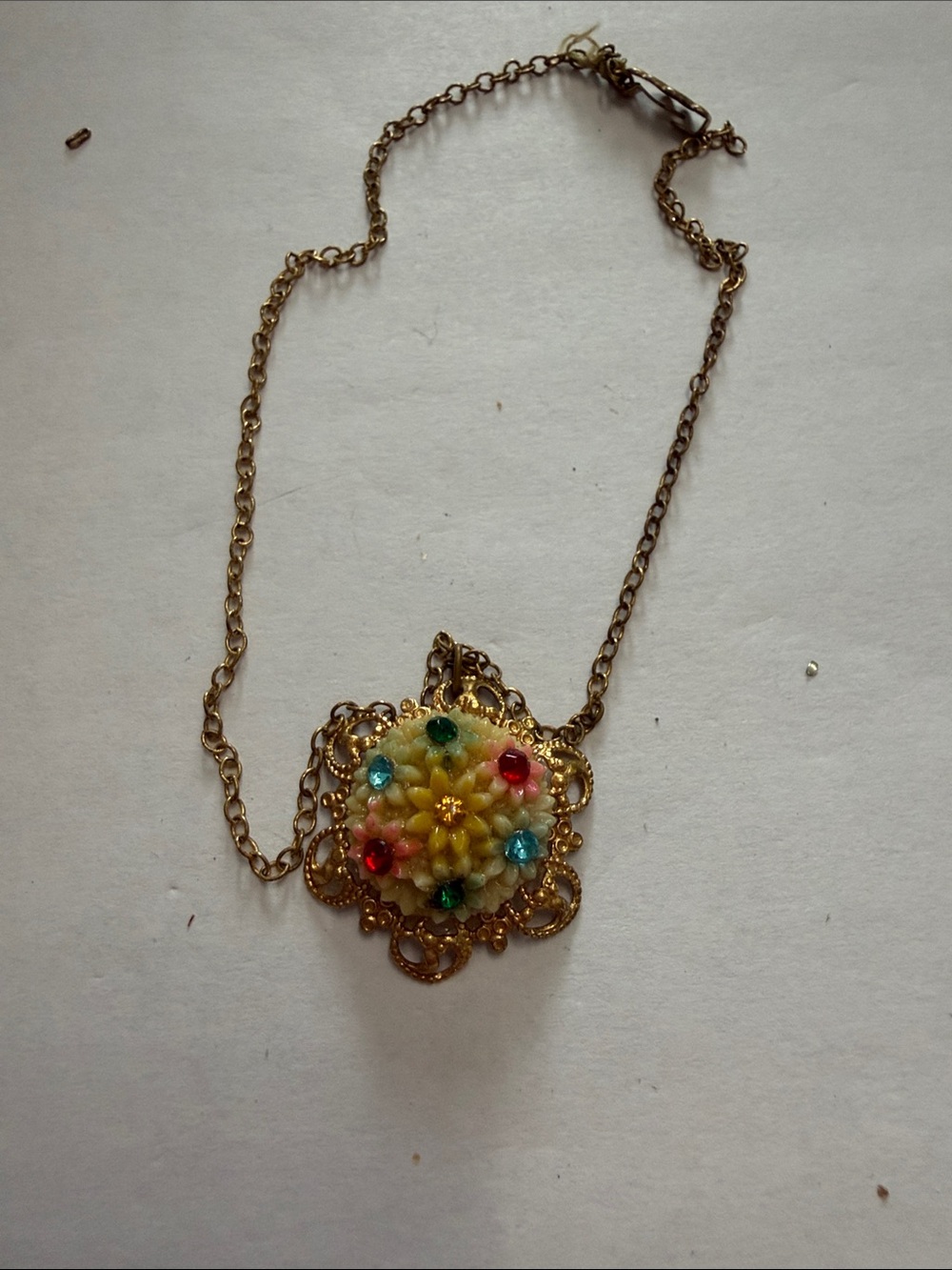 Vintage Gold-Tone Floral Bead Pendant Necklace in Yellow with Multi Bead Accents